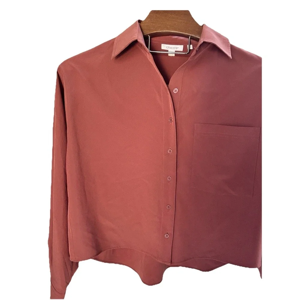 Chico's size 1 Long sleeved Shirt Rust No iron Cropped Size 4 Longer‎ In Back